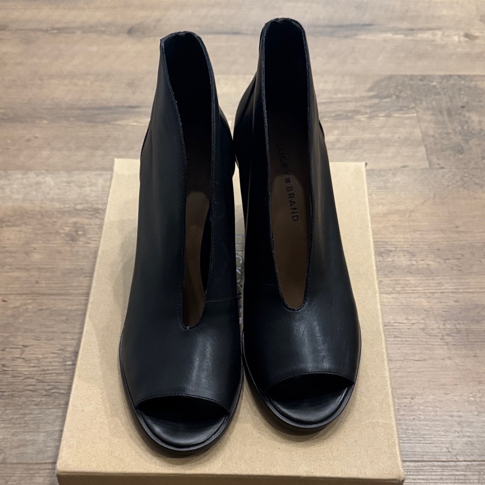 Lucky Brand Black Open-Toe Heeled Boots